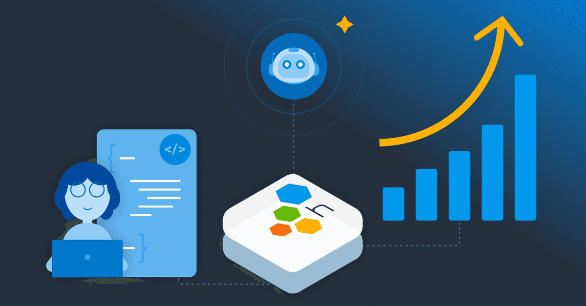 Illustration of a developer at a laptop beside a code document, a Honeycomb hexagon logo, and a rising bar chart